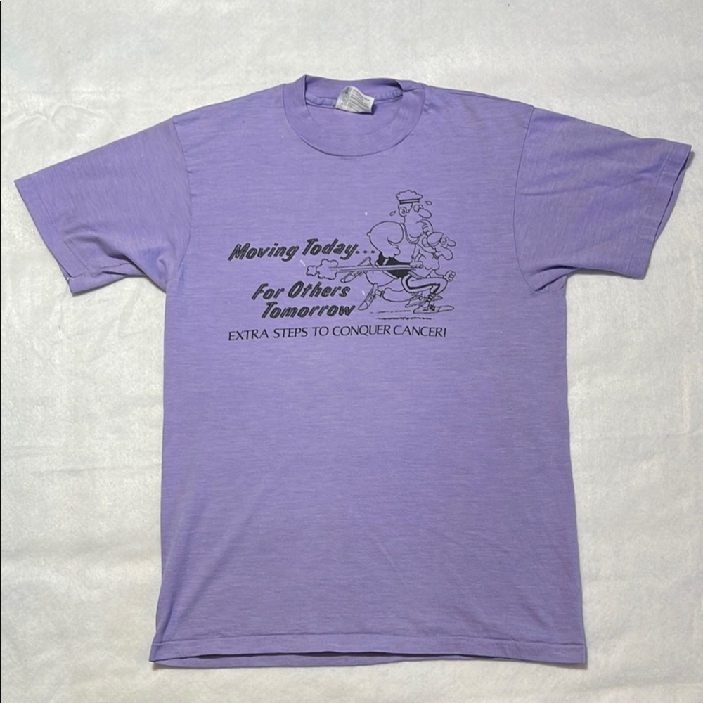 Vintage Running For Cancer T-Shirt Medium Single Stitch USA Hanes Stained Unisex
